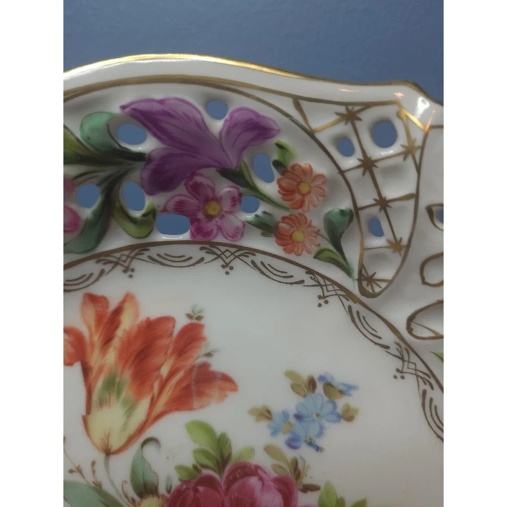 Rare E.S. Prussia Dresden Flowers Gilded Porcelain Bowl Plate Scalloped Openwork